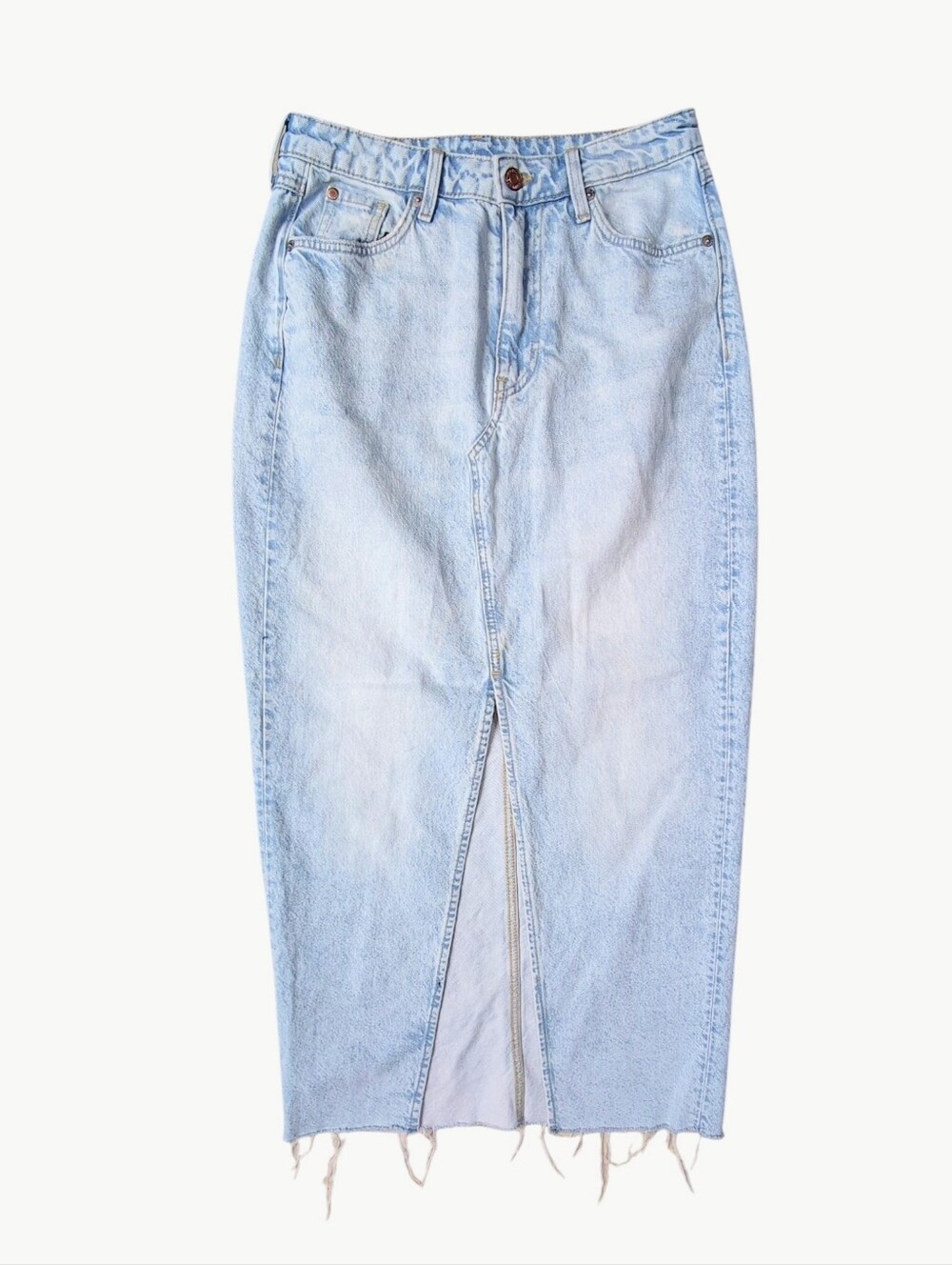& Denim Midi Jean Skirt Blue Denim Front Slit Raw Hem Cotton Women's Size SMALL